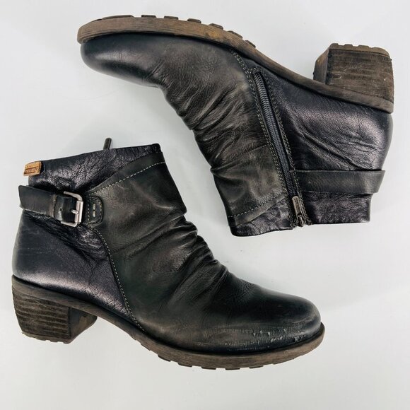 Pikolinos Ruched Black Leather Ankle Boots with Buckle‎ Size 40 - Picture 3 of 12
